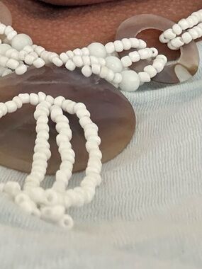 White Abalone Necklace with White Seed Beads & Shiny Silver Toned Abalone